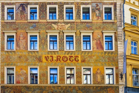 Colorful facade of Rott Hotel and Hard Rock Cafe, Prague, Bohemia, Czech Republic, Europe