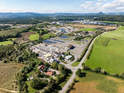 Aerial view of a gravel pit, gravel extraction area, gravel works, ADAC driving safety centre,