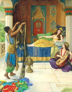 An oriental scene with a woman resting on a bed, a servant holding a robe, and another woman