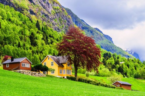 Mountains and Fjord over Norwegian Village, Olden, Innvikfjorden, Norway, Europe