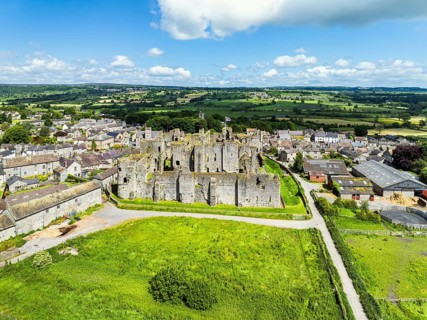 Middleham Castle from a drone, Middleham, Wensleydale, North Yorkshire, England, United Kingdom,
