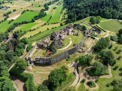 Aerial view of the ruins of Hochburg Castle, also known as Hachberg, 11th century, between