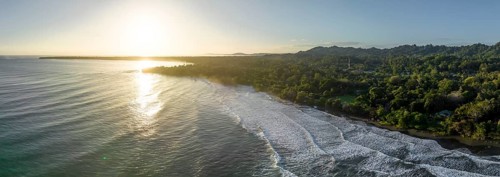 Aerial view, view of Cahuita National Park, coast and coastal landscape with forest, Punta Cahuita