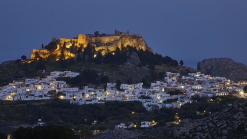 Evening light, Artificial lighting, Acropolis and St John's Fortress of Lindos, Lindos village,