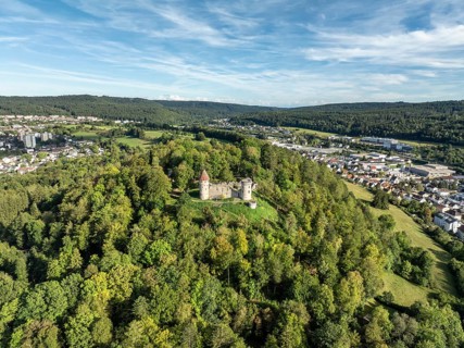 Aerial view of the Honburg castle ruins on the Honberg above the town of Tuttlingen, district of