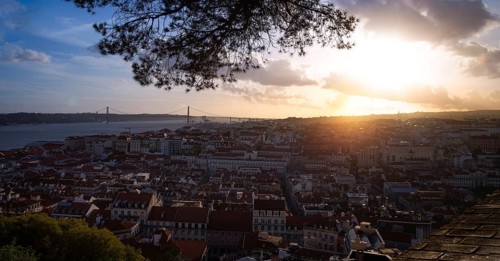 Scenic panoramic views of Lisbon and 25 of April bridge from Saint George Castle Sao Jorge lookout