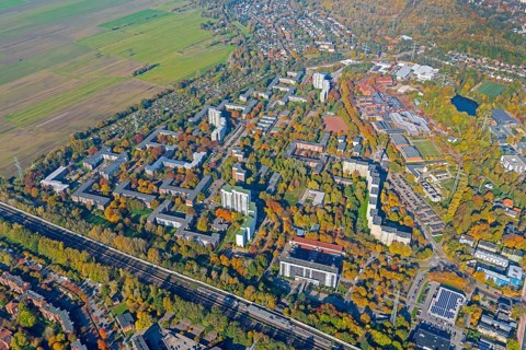 Bergedorf West, residential area, block, multi-family, house, 50 years old, aerial view,