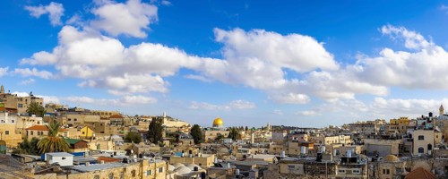 Panoramic skyline of Jerusalem Old City Arab quarter near Western Wall and Dome of the Rock