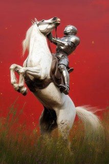 Cyborg soldier in full battle armor on rearing white horse, AI generated