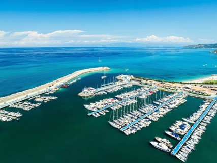 Port and Marina in Tropea from a drone, Tyrrhenian Sea, Calabria, Italy, Europe
