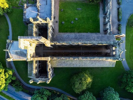 Top Down over Kirkstall Abbey from a drone, Kirkstall, River Aire, Leeds, West Yorkshire, England,