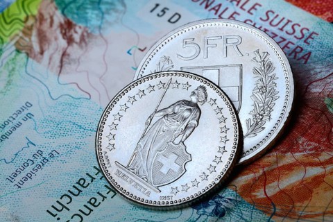 Swiss coins on banknotes, Switzerland, Europe