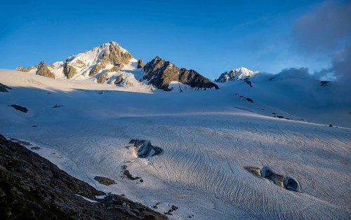 High alpine mountain landscape, summit of the Aiguille de Chardonnet and Glacier du Tour, glaciers