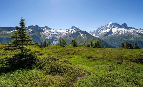 Mountain panorama with glaciated mountain peaks, Aiguille Verte, hike to Aiguillette des Posettes,