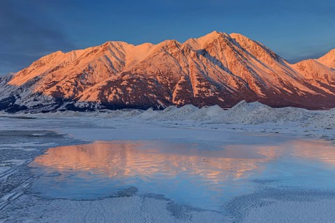 Morning light, clouds, mountains, snowy, winter, ice, Kluane Lake, Kluane Mountains, Yukon, Canada,