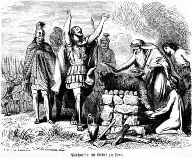 Pausanias in prayer to the goddess Hera, warrior, armed army, sheep as animal sacrifice, bleeding
