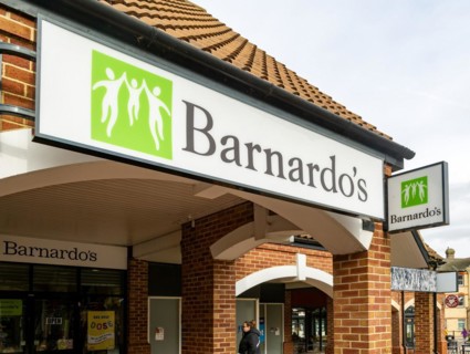 Barnardo's charity shop signs, Stowmarket, Suffolk, England, UK