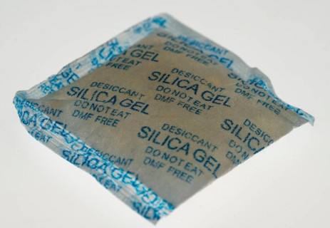 Silica gel, desiccant, is often used in packaging for technical devices, packed in small bags,