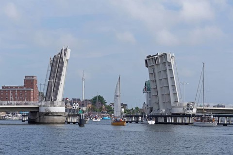 Open bascule bridge, sailing boats, Kappeln, Schlei, Schleswig-Holstein, Germany, Europe