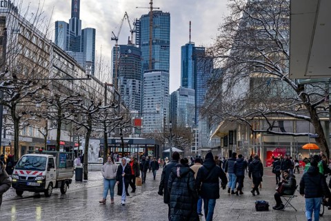 Zeil shopping street, pedestrian zone, winter weather, city centre skyline, banking district,