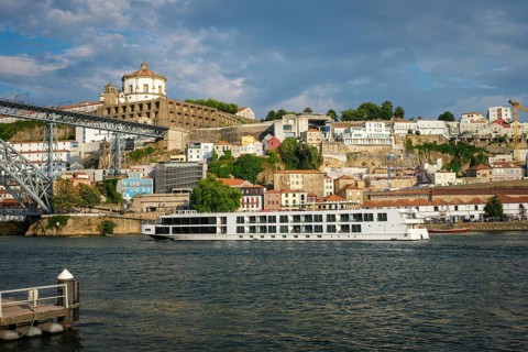 View of Vila Nova de Gaia city riverfront with Mosteiro da Serra do Pilar monastery and Dom Luis I