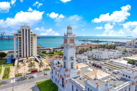 Mexico, Panoramic view of Veracruz city port with container ships, tankers and car carriers,