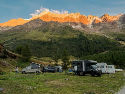 Sunset at camping aera Fafleralp, valley Loetschental, Valais, Switzerland, Europe