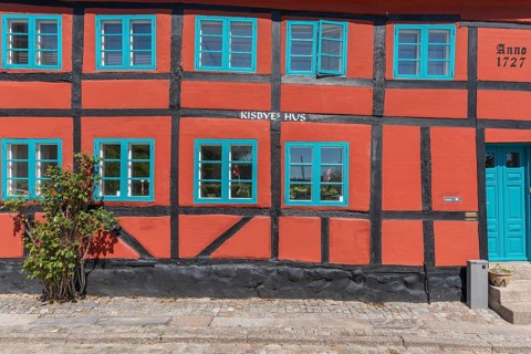 Old town of Nyborg, restored half-timbered house, front, dormer house, year 1727, 18th century,