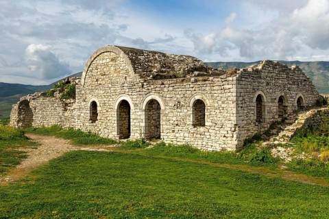 Ruined building in the citadel area of Berat castle, UNESCO World Heritage Site, Berat, Albania,