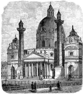 Karlskirche in Vienna, baroque building, 18th century, monument protection, domed building, two