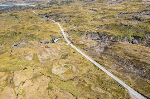 Aerial view of Vikafjell mountain road, connection between Sognefjord and Hardanger area, Norway,