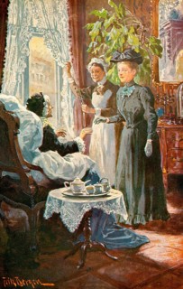 Visit to an old lady, three woman, black clothes, hat, bonnet, living room, comfortable armchair,