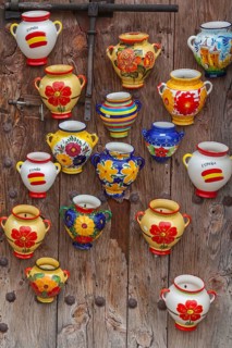 Traditional ceramics on an old wooden gate, Frigiliana, Andalusia, Spain, Europe