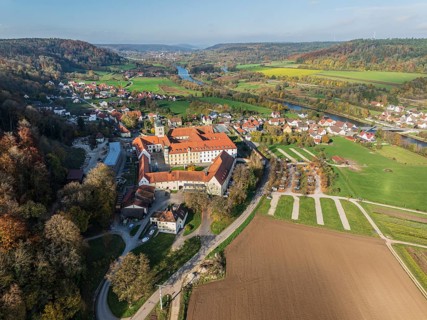 Aerial view of Plankstetten with Benedictine Abbey, Plankstetten, Berching, Bavaria, Germany,