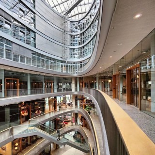 Stilwerk Düsseldorf, interior photo, elliptical atrium with surrounding galleries on five sales