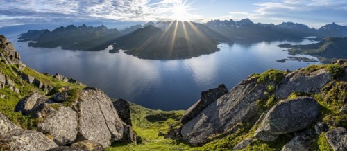 Panorama, view of Fjord Raftsund and mountains in the evening light, sun star, view from the summit