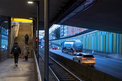 Underground station, Breslauer Straße U18, in the middle of the A40 motorway, Essen city centre,
