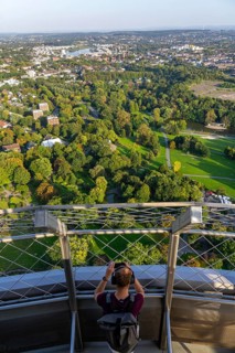 View from the Florian Tower, 219 metre high observation and television tower, in Westfalenpark,