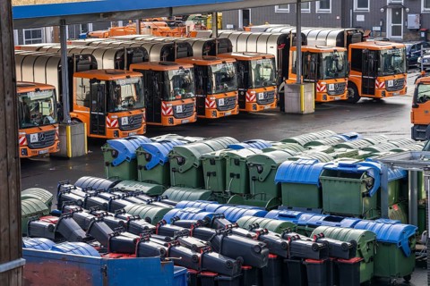 Hagener Entsorgunsbetriebe depot, refuse lorry, various refuse bins, containers, North