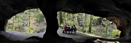 The Hohllay cave showing grooves and circles in the sandstone rock from carving millstones,