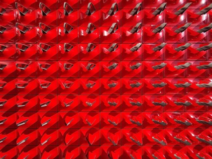 Structure of red rear-view mirrors, entrance area of the Seat Pavilion, Autostadt, Volkswagen AG,