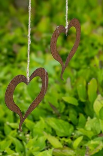 Two metal hearts on a string, North Rhine-Westphalia, Germany, Europe