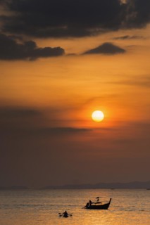 Sunset at Railay beach, evening mood, sun, evening, boat, sea, seascape, cloud, sunbeam, romantic,