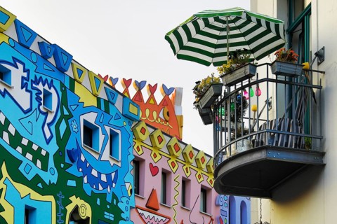 Balcony at the Happy Rizzi House, designed by the artist James Rizzi in Pop Art paintings,