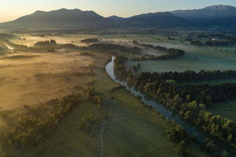 Aerial view of a moor landscape with river in front of mountains, morning light, view of Zwiesel