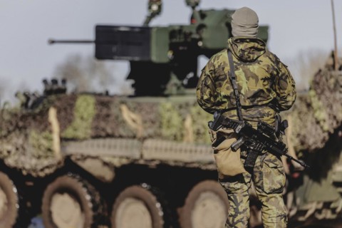 A soldier with a rifle, taken during the military exercise 'Wettiner Schwert' with German and Czech