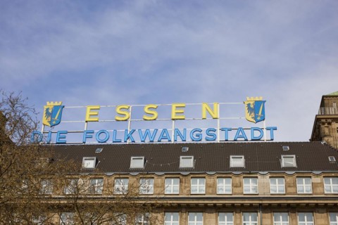 Illuminated sign Essen, The Folkwang City on the roof of the Hotel Handelshof in Essen, Ruhr area,