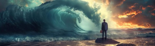 Banner of disheartened businessman standing on the shore in the midst of approaching turbulent