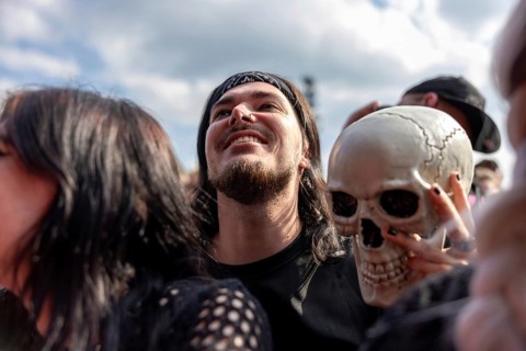Adenau, Germany, 7 June 2024: Fan with skull at Rock am Ring. The festival takes place at the