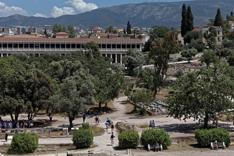 Agora, view of excavation site and Stoa of Attalos, reconstruction, Athens, Greece, Europe